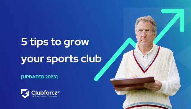 5 tips to grow your sports club with a cricket coach holding a clip board and an arrow behind him to show revenue growth