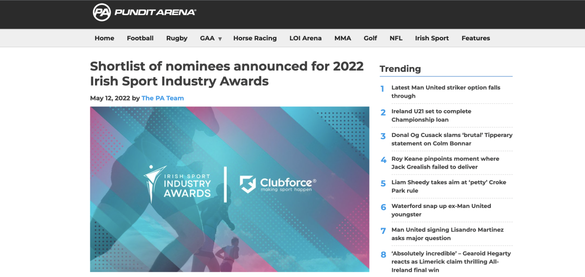 Shortlist of nominees announced for 2022 Irish Sport Industry Awards