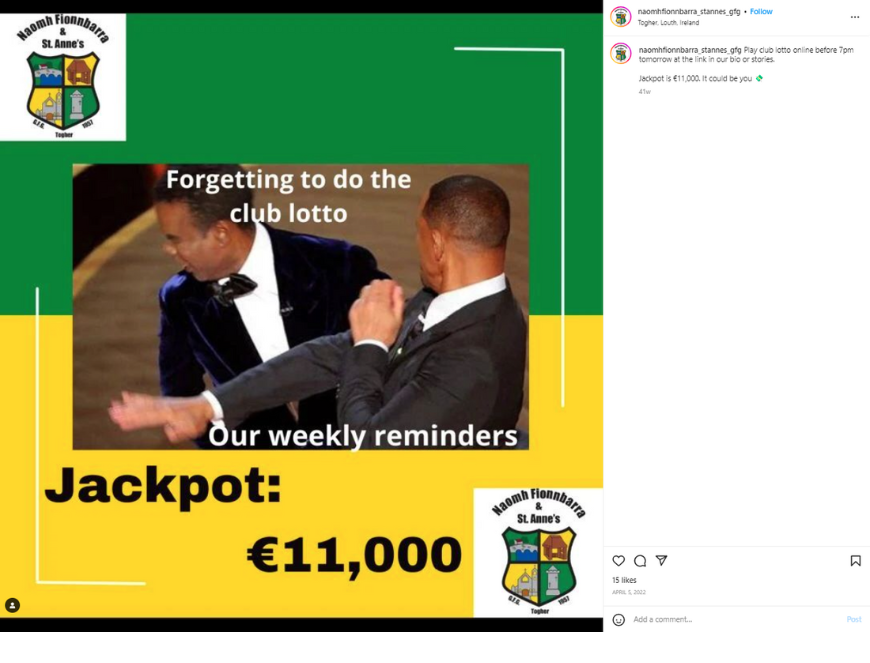  Naomh Fionnbarra & St Anne’s GFG instagram post promoting their fundraising lottery jackpot.
