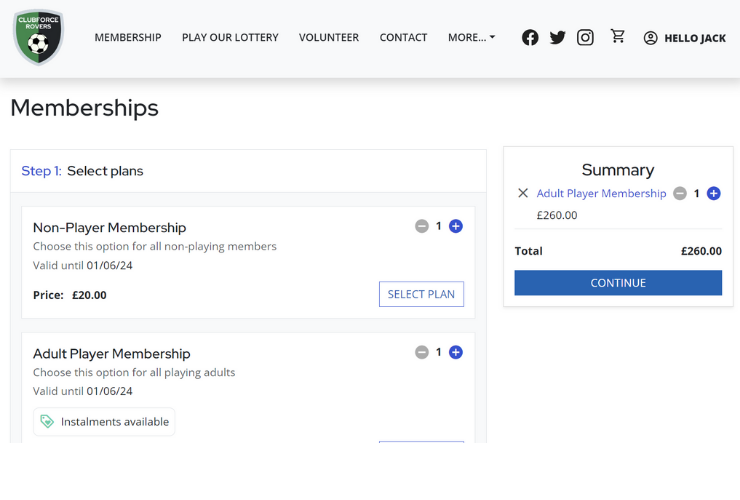 Clubforce membership purchasing platform showing instalment options for membership payment