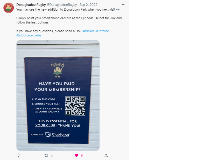 Donaghdee Rogby membership poster displaying a QR code linking to their memebrship