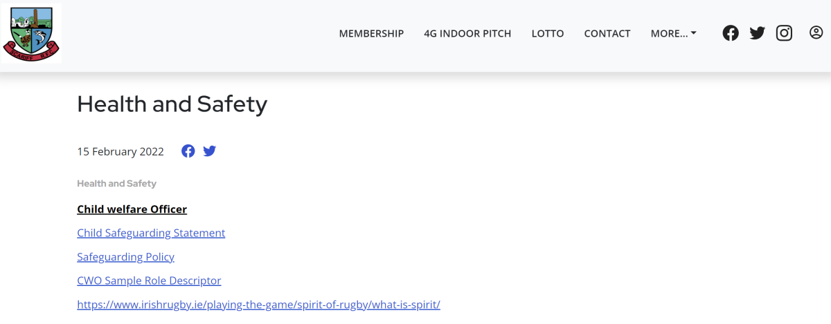 Scarrif RFC club website health and safety page. Includes links to childwelfare officer, child safeguarding statement, safeguarding policy, CWO sample role descriptor 