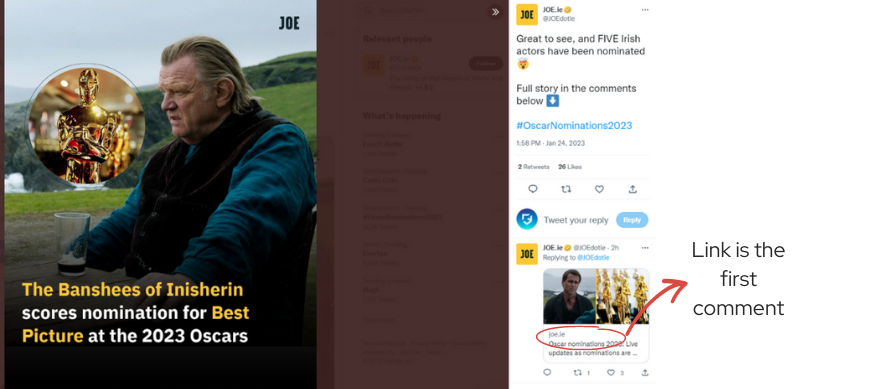 Twitter post on Joe.ie showing the article link in the first comment.