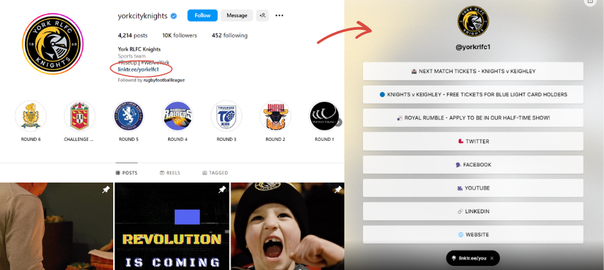 Example of York city knights instagram page displaying Linktr.ee bio link.