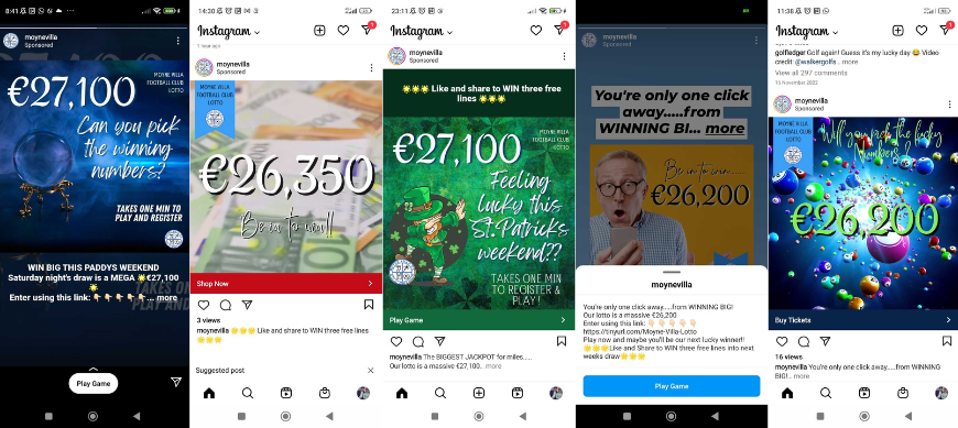 Five examples of Moyne Villa club lottery facebook ads!