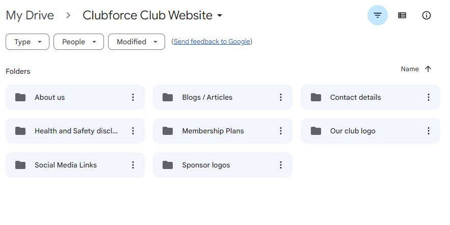 Google drive folder showing tabs on what you need to prepare for your club website