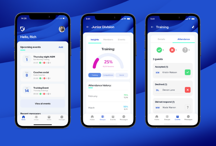 Showing three screens of the Clubforce Connect App. The homescreen shows upcoming events with the number of attendance to each event. The second screen shows  in-app attendance tracking features. The third shows a summary screen of who will be attending their training session