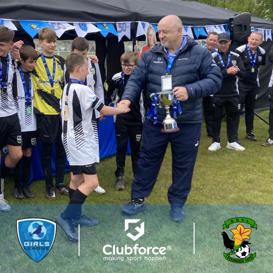 Matt Lawless, Irish Sales Director for Clubforce presenting the Cluborce cup at the NDSL and Metropolitan Girls League Cup Finals 2023