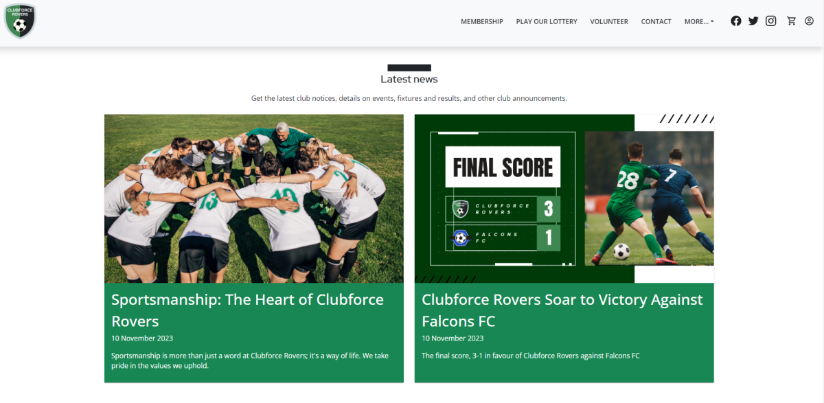 Clubforce club website homepage blog